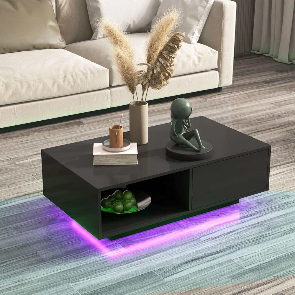 Promotion Juodas modernios LED kavos staliukas su stalčiumi