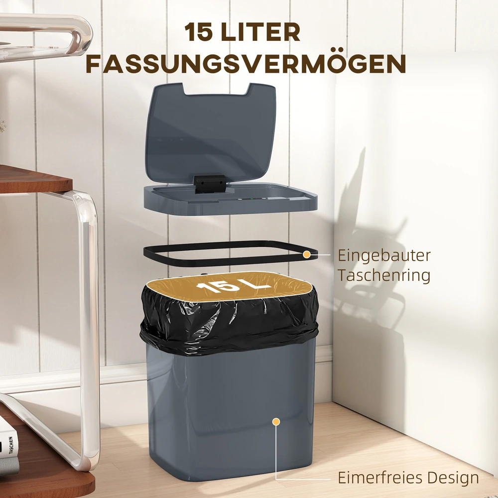 Aosom Jutiklinė šiukšliadėžė 15 l, automatinė, pilka, 27,6 x 21,4 x 33,5 cm