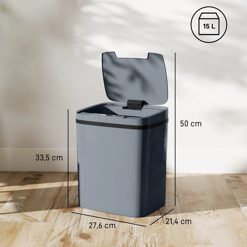 Aosom Jutiklinė šiukšliadėžė 15 l, automatinė, pilka, 27,6 x 21,4 x 33,5 cm