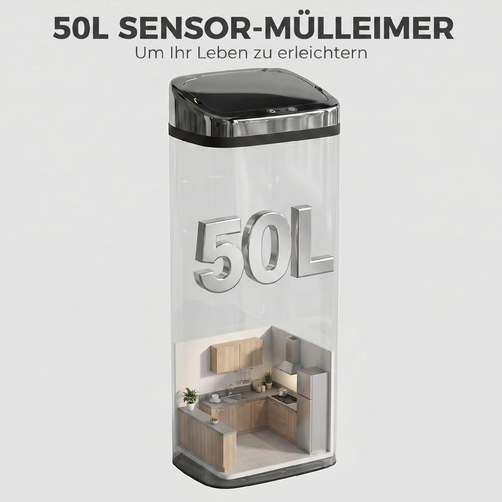 Aosom Jutiklinė šiukšliadėžė, 50 l, sidabrinė, nerūdijantis plienas