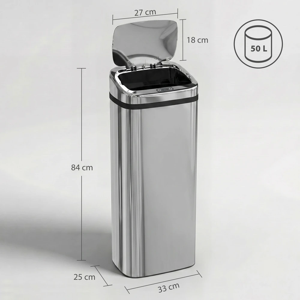 Aosom Jutiklinė šiukšliadėžė, 50 l, sidabrinė, nerūdijantis plienas