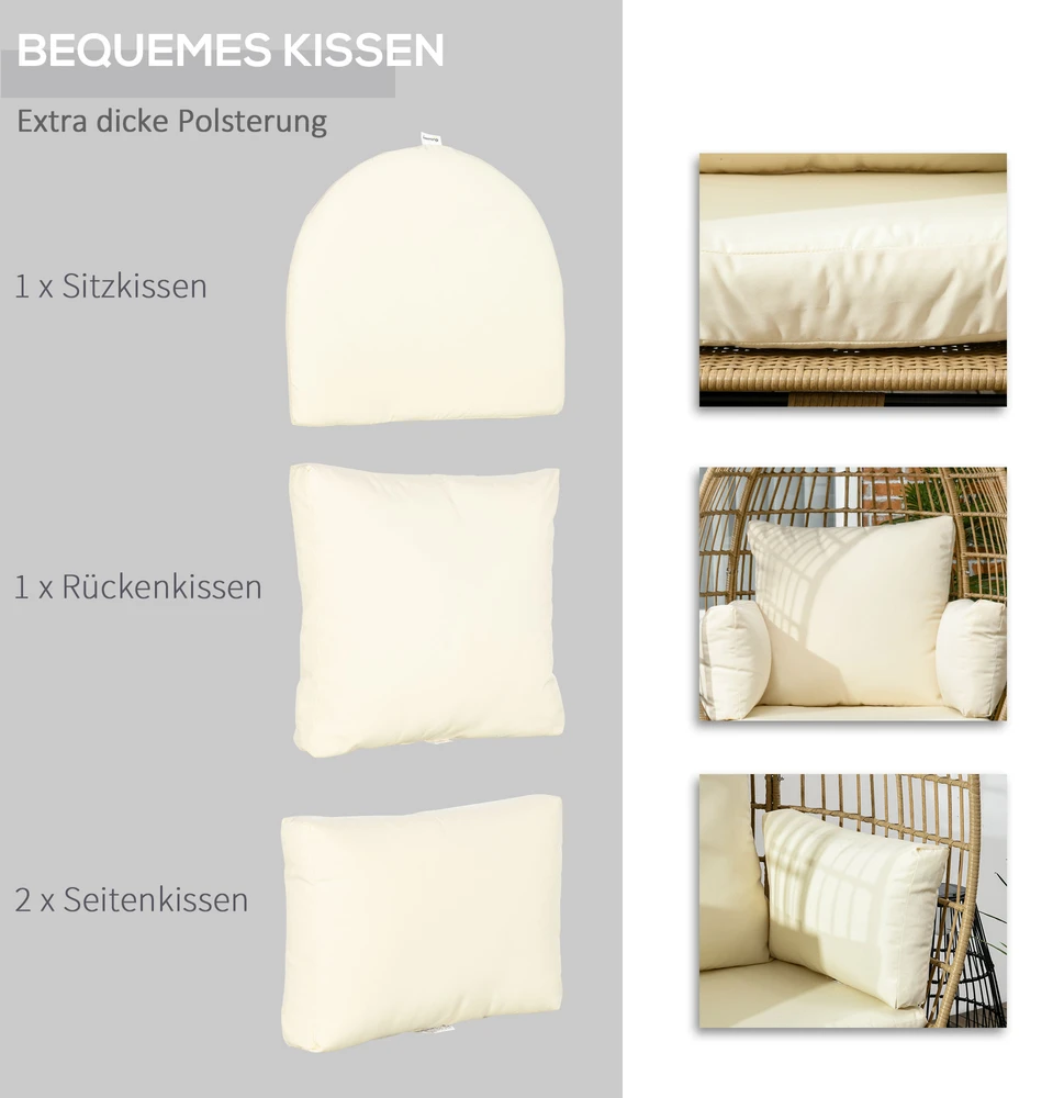 Aosom Kabantis kiaušinio formos krėslas iš ratano imitacijos, khaki ir beige, 105 x 90 x 148 cm