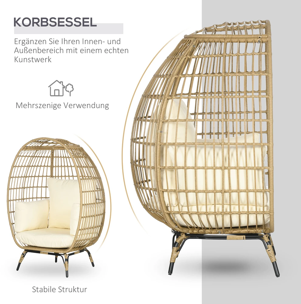Aosom Kabantis kiaušinio formos krėslas iš ratano imitacijos, khaki ir beige, 105 x 90 x 148 cm