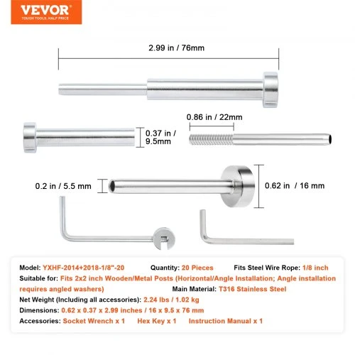 VEVOR Kabelinių turėklų tvirtinimo rinkinys, 20 vnt., 3,2 mm, T316 nerūdijantis plienas, sidabrinis