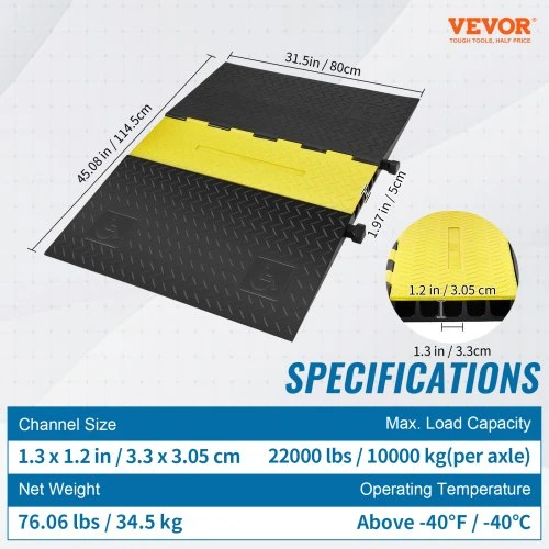 VEVOR Kabelio apsaugos rampa CP-5DA(7508001), 114,5 x 80 x 5 cm, juoda / geltona