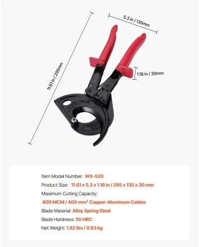 VEVOR Kabelių žirklės WX-520, su reketiniu mechanizmu, iki 400 mm²