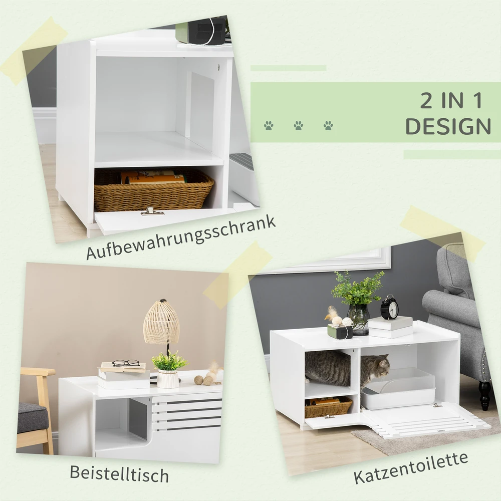 Aosom Kačių dėžės spintelė su 2 lentynomis, 2-in-1 dizainas, magnetinės durys, balta