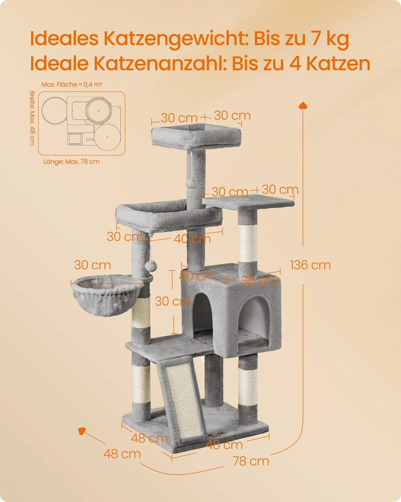 Koduva Kačių draskyklė, 136 cm aukščio, 3 platformos, su guoliais ir urveliu, šviesiai pilka
