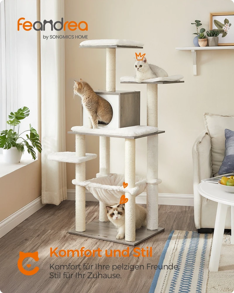 Koduva Kačių draskyklė 138 cm su platformomis, guoliu ir hamaku, pilkai smėlinė