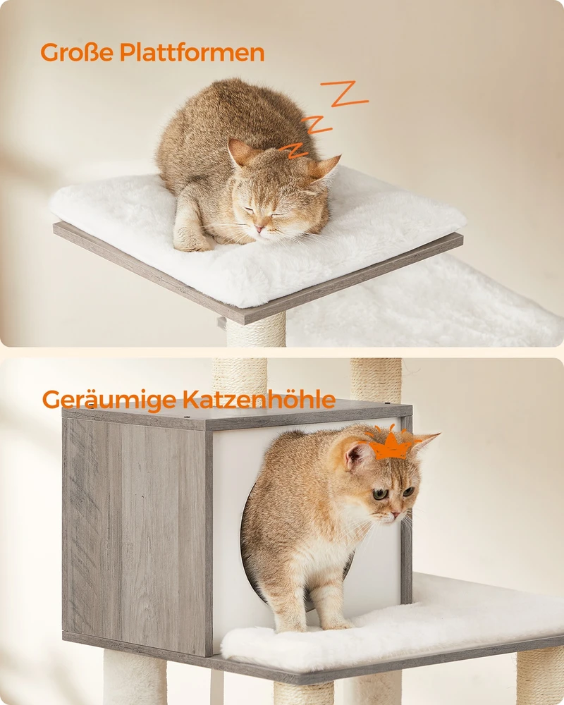 Koduva Kačių draskyklė 138 cm su platformomis, guoliu ir hamaku, pilkai smėlinė