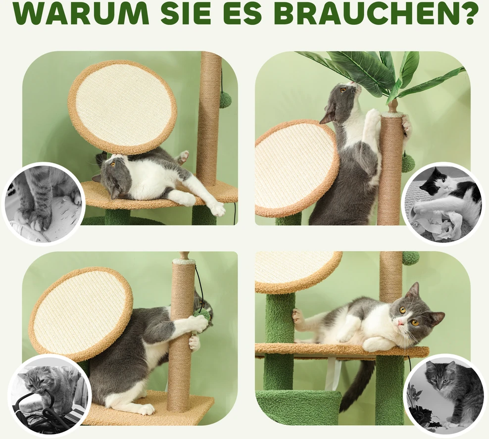 Aosom Kačių draskyklė, 139 cm, žalia, su guoliu, žaisliniais kamuoliukais ir platformomis