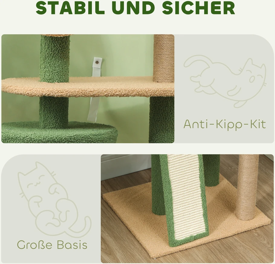 Aosom Kačių draskyklė, 139 cm, žalia, su guoliu, žaisliniais kamuoliukais ir platformomis