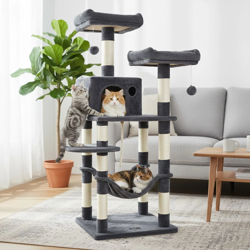 Koduva Kačių draskyklė 143 cm, su 11 draskymo stulpų, 2 platformomis ir hamaku, dūmų pilka