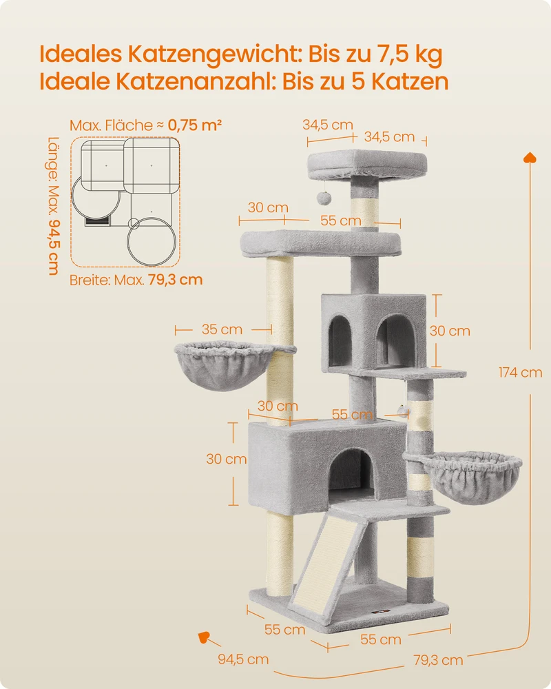 Songmics Kačių draskyklė 174 cm, su didele platforma ir dvigubu guoliu, pilkai rusva