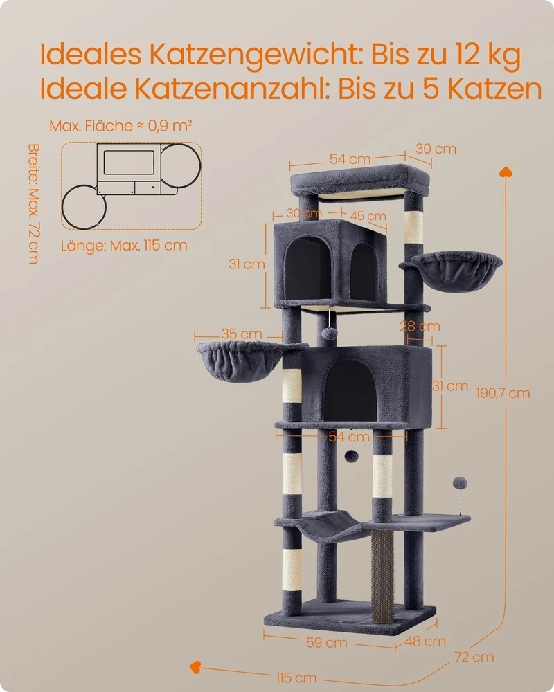 Songmics Kačių draskyklė, 190,7 cm aukščio, su 2 urveliais ir 2 guoliais, tamsiai pilka