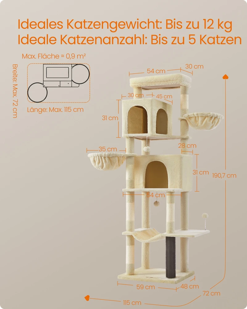 Songmics Kačių draskyklė, 190,7 cm, su 2 urvais, 2 guoliais, iš pliušo ir sizalio, smėlio beige