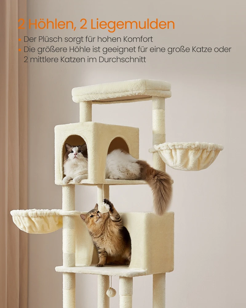 Songmics Kačių draskyklė, 190,7 cm, su 2 urvais, 2 guoliais, iš pliušo ir sizalio, smėlio beige