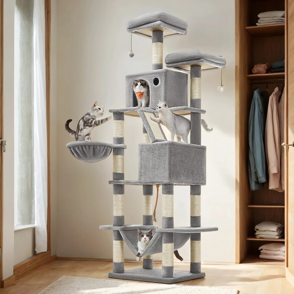 Songmics Kačių draskyklė 206 cm, su 13 draskymo stulpų, 2 platformomis ir 2 urveliais, šviesiai pilka