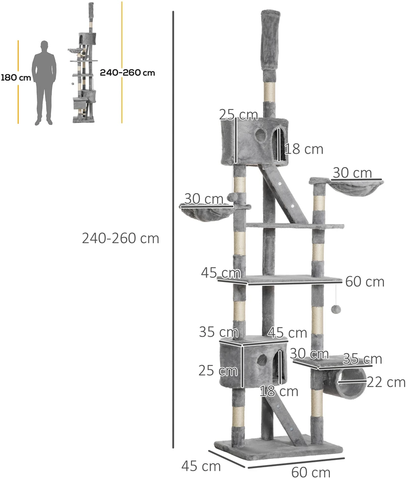 Aosom Kačių draskyklė 240-260 cm, šviesiai pilka, su sizalio virve