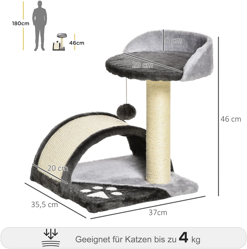 Aosom Kačių draskyklė 46 cm, mažas kačių bokštas su urvu, žaisliniu kamuoliuku, sizalio virve, paaukštinta platforma, tamsiai pilka