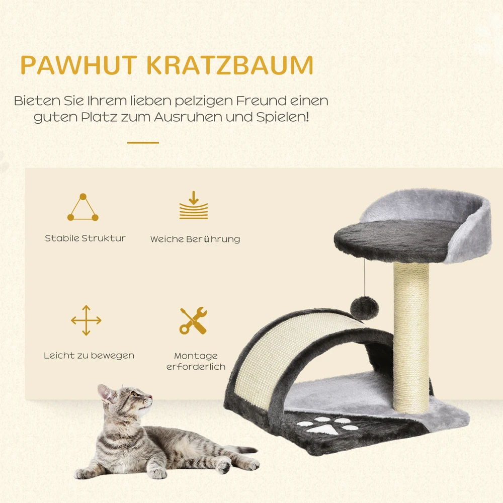Aosom Kačių draskyklė 46 cm, mažas kačių bokštas su urvu, žaisliniu kamuoliuku, sizalio virve, paaukštinta platforma, tamsiai pilka