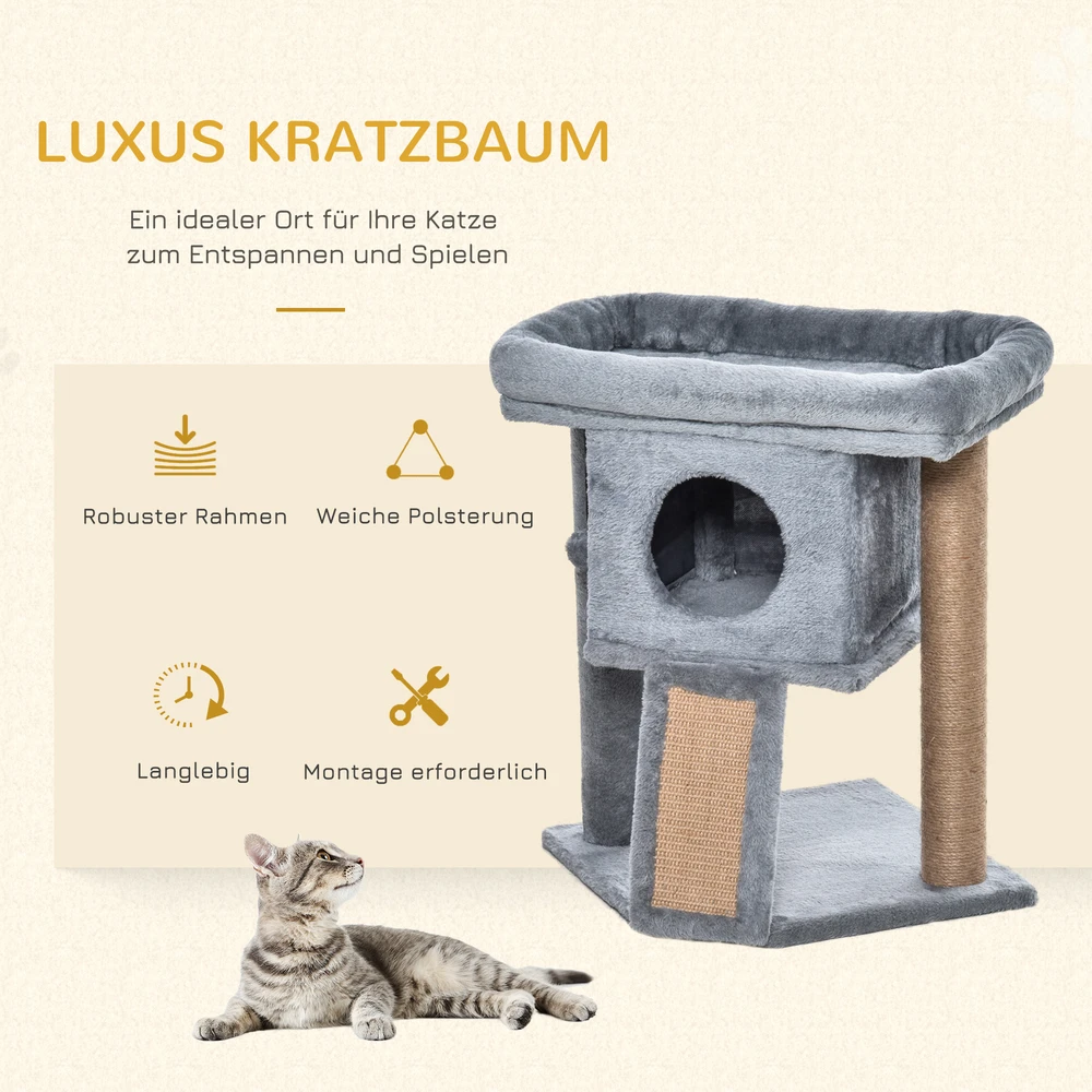 Aosom Kačių draskyklė 57 cm, su kačių nameliu, gultu ir žaisliniu kamuoliuku, šviesiai pilka