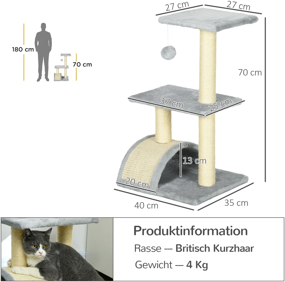 Aosom Kačių draskyklė 72 cm, šviesiai pilka, MDF, sizalis