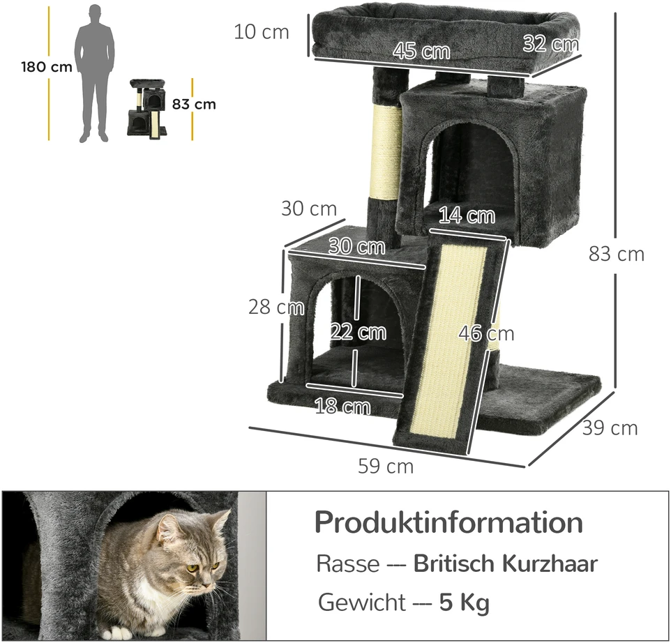 Aosom Kačių draskyklė 83 cm, tamsiai pilka, su sizalio stulpais