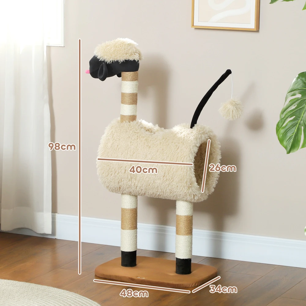 Aosom Kačių draskyklė avies dizaino, su draskymo stulpeliais, tuneliu ir žaislu, 98 cm, šviesiai ruda