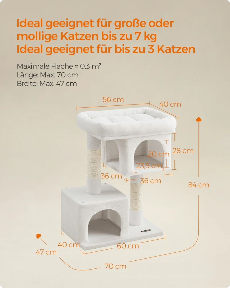 Songmics Kačių draskyklė didelėms katėms iki 7kg, kreminės baltos spalvos, 60 x 40 x 84 cm