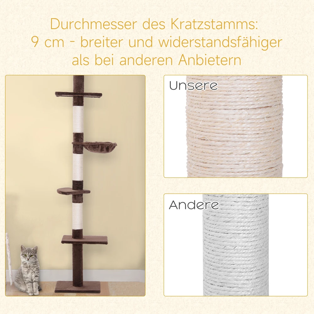 Aosom Kačių draskyklė iki lubų, reguliuojamo aukščio, ruda, 40 x 34 x 230-260 cm