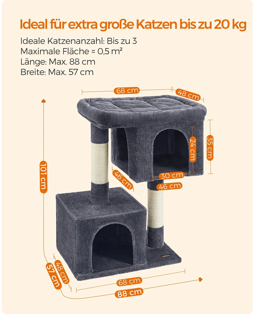 Songmics Kačių draskyklė itin didelėms katėms, 68 x 48 x 101 cm, dūminė pilka, su 2 pliušinėmis guoliavietėmis