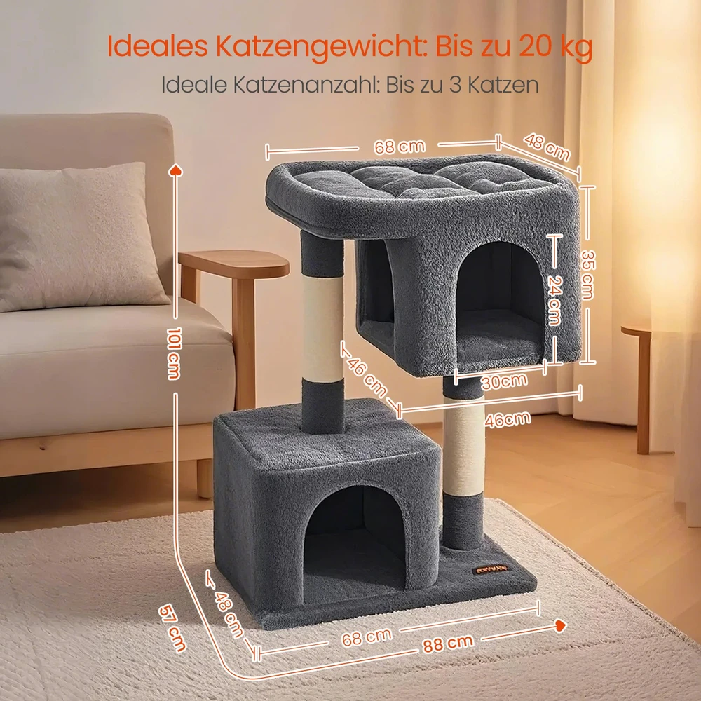 Songmics Kačių draskyklė su didele platforma ir 2 pliušiniais guoliais, 68 x 48 x 101 cm, pilka
