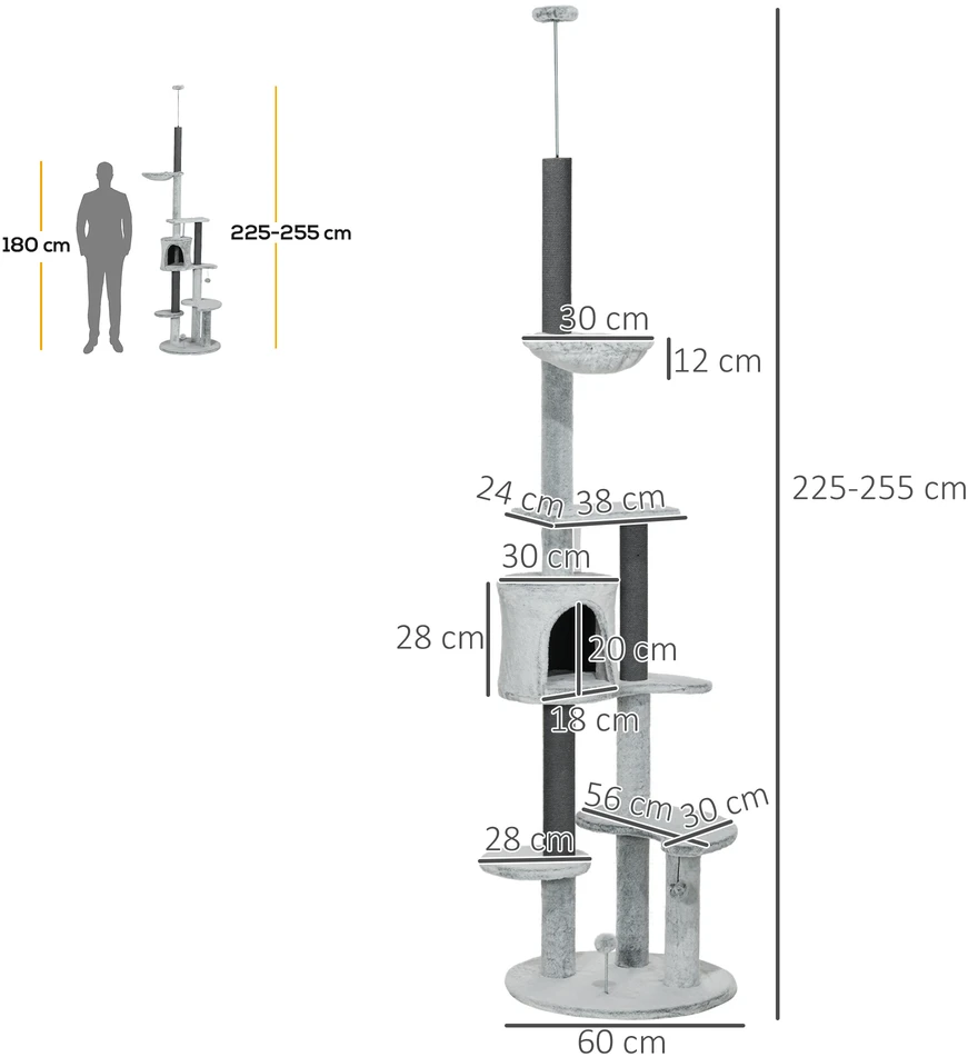 Aosom Kačių draskyklė su lubų įtvirtinimu, hamaku, nameliu, platformomis ir žaisliniu kamuoliuku, pilka, 225-255 cm