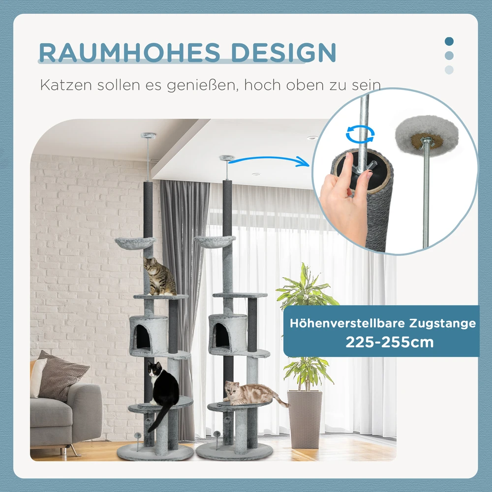 Aosom Kačių draskyklė su lubų įtvirtinimu, hamaku, nameliu, platformomis ir žaisliniu kamuoliuku, pilka, 225-255 cm
