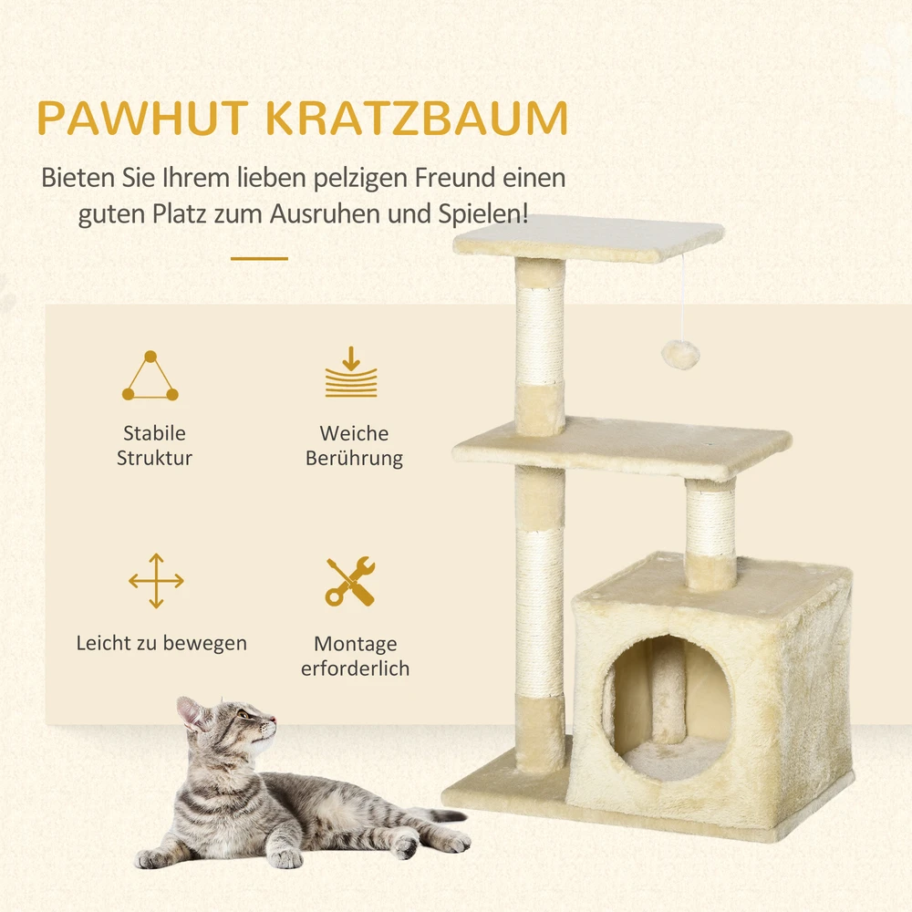 Aosom Kačių draskyklė su nameliu, 81,5 cm, smėlinė