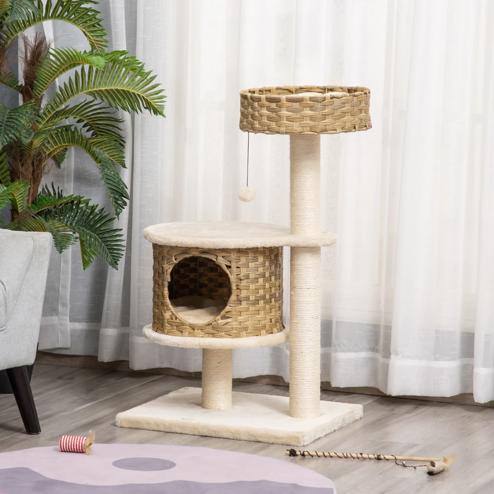 Aosom Kačių draskyklė su nameliu, 95 cm, natūrali / smėlio