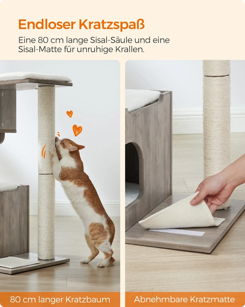 Songmics Kačių draskyklė su urveliu, 66 x 40 x 86 cm, MDF, sizalis, pilkai smėlinė ir balta