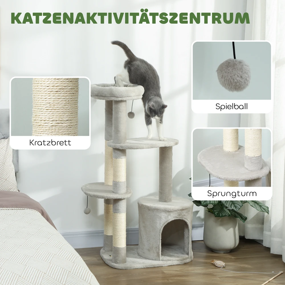 Aosom Kačių draskyklė su urvu, 114 cm, šviesiai pilka