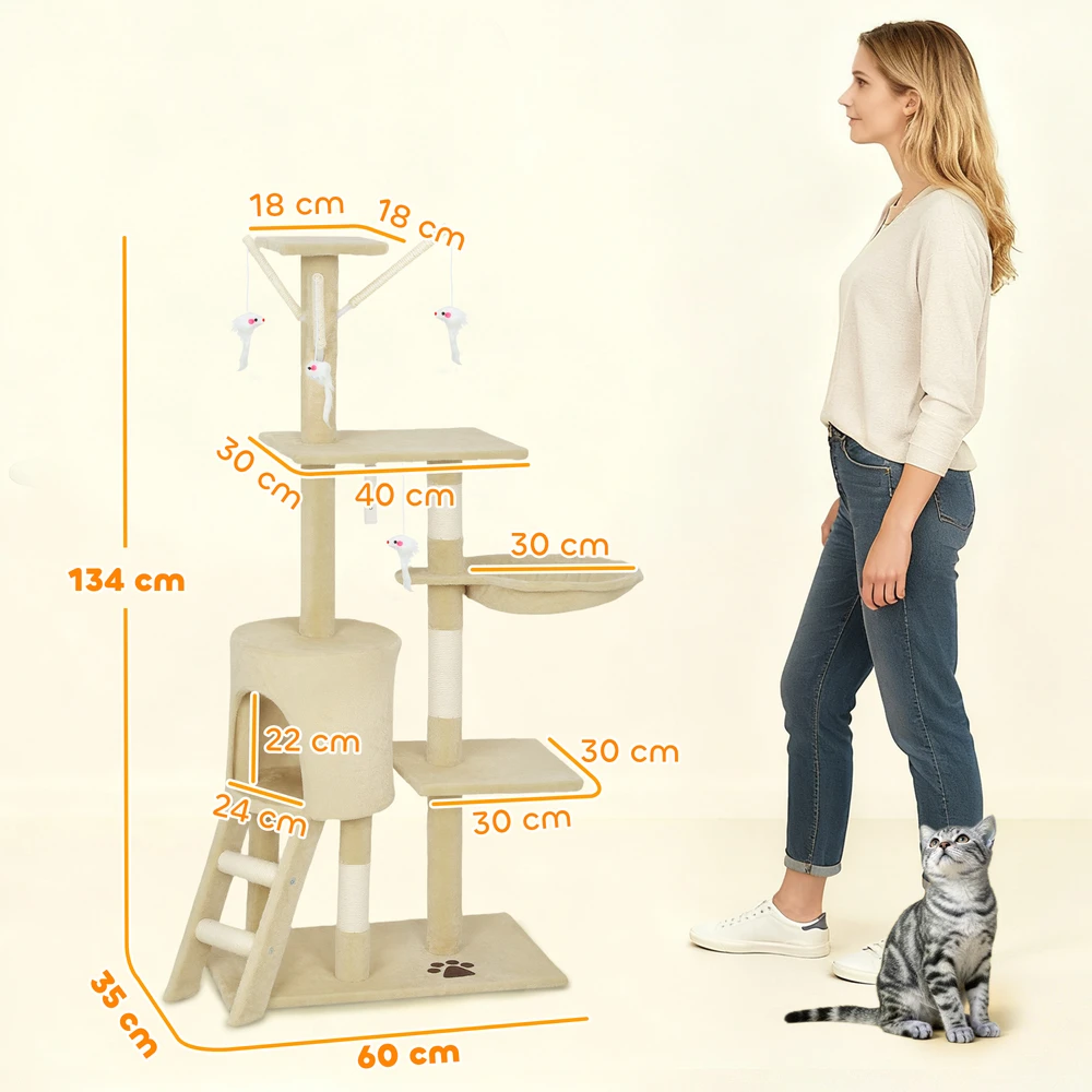 Aosom Kačių draskyklė su urvu, 4 žaislai, sizaliu apvynioti stulpai, didelė platforma, laiptai, smėlinė, katėms iki 5kg