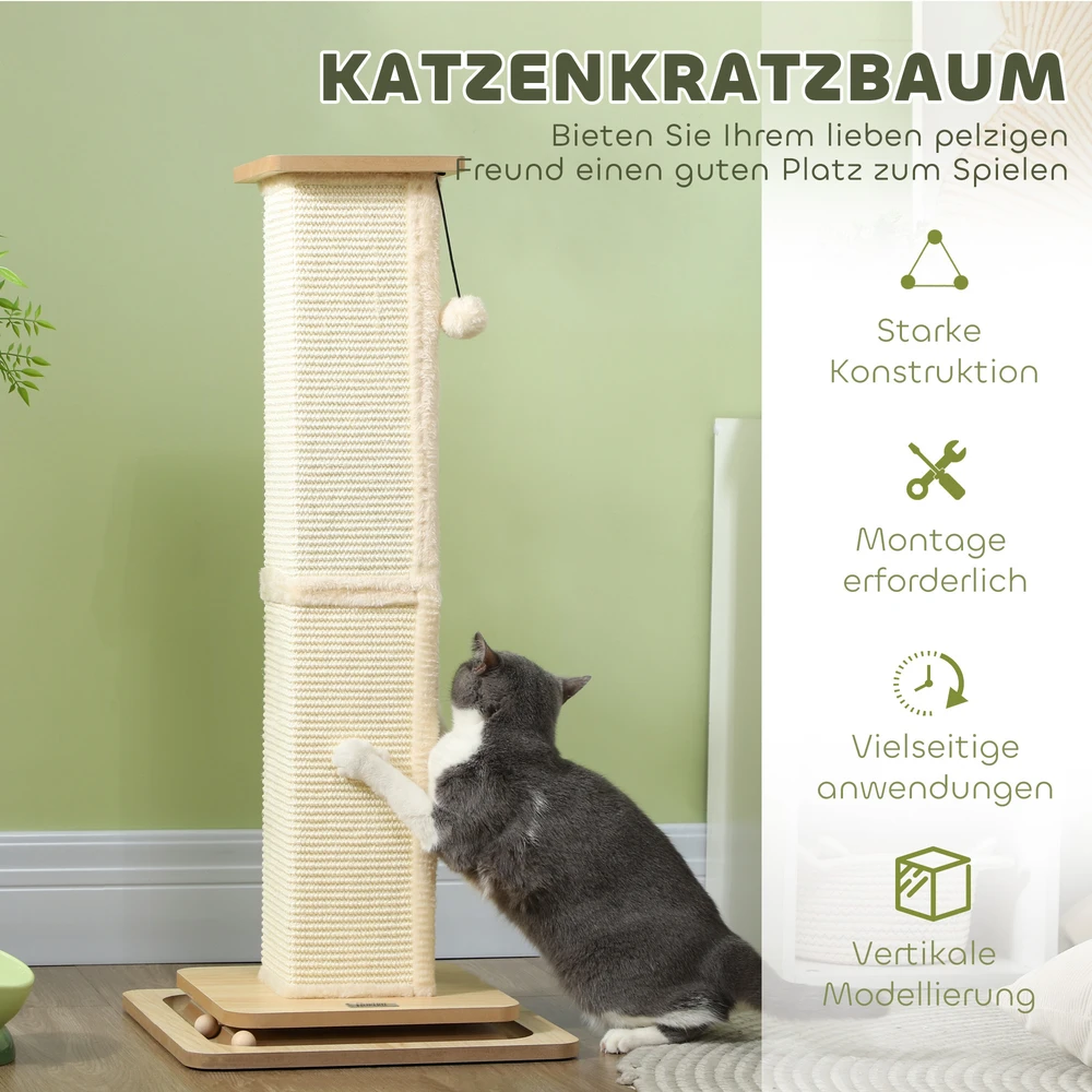 Aosom Kačių draskyklė su žaidimų takeliu ir kamuoliuku, MDF, 39,5 x 39,5 x 87 cm, ąžuolo/kreminė