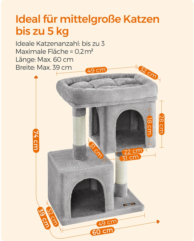 Songmics Kačių draskyklė vidutinio dydžio katėms, su didele platforma ir 2 pliušiniais nameliais, 49 x 32 x 74 cm, šviesiai pilka
