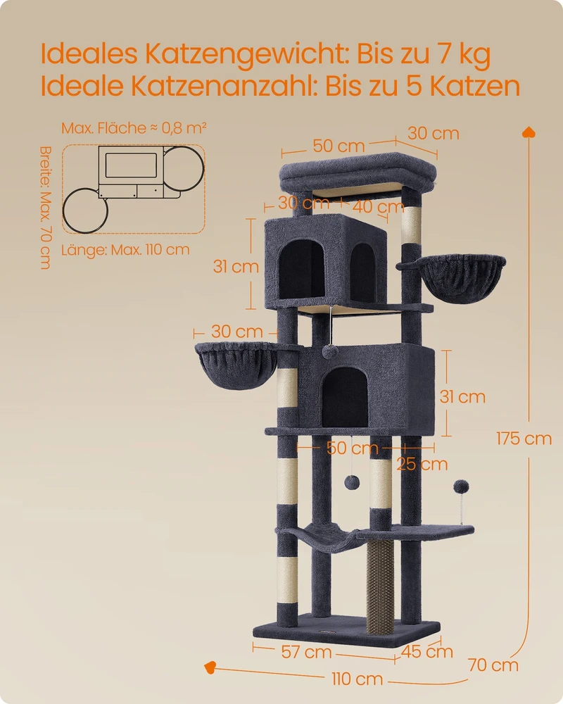 Songmics Kačių draskyklė XL, 175 cm, su 2 urveliais ir 2 guoliais, tamsiai pilka