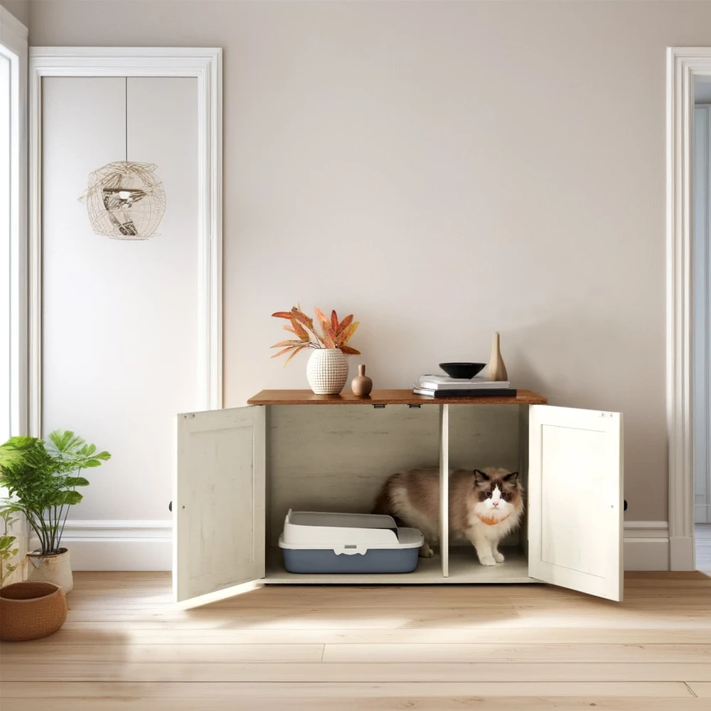 Songmics Kačių kraiko dėžės spintelė su išimama pertvara, 80 x 53 x 50 cm, ruda-balta
