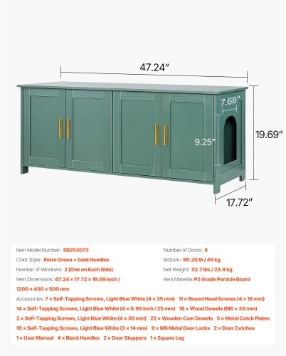 VEVOR Kačių kraiko dėžės spintelė SR253073, 120 x 45 x 50 cm, žalia