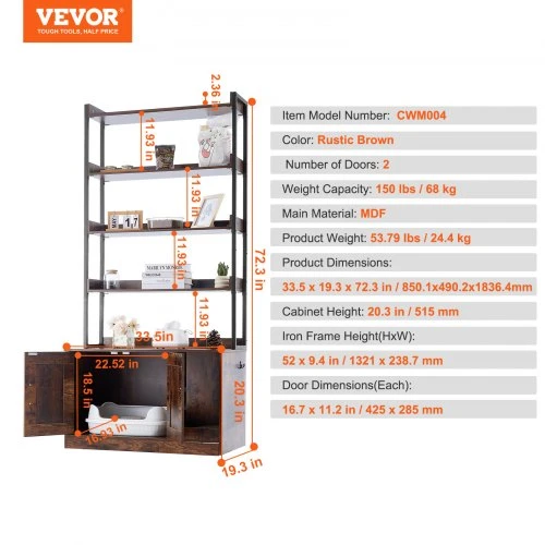 VEVOR Kačių kraiko dėžės spintelė CWM004, su 4 lentynomis, MDF, tamsiai ruda, 85 x 49 x 184 cm