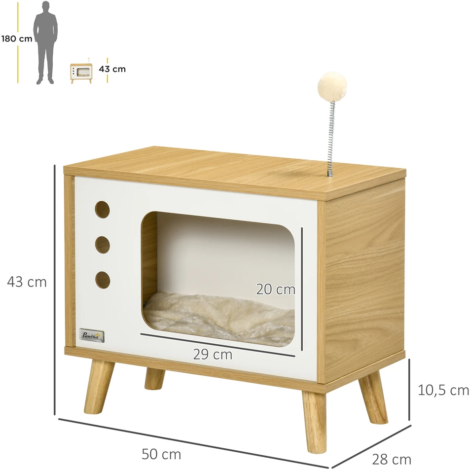 Aosom Kačių namelis TV dizaino, su žaislu, plaunama pagalvėle, 50 x 28 x 43 cm, ąžuolo, smėlio ir baltos spalvos