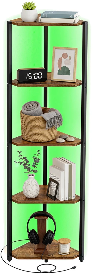Songmics Kampinė knygų lentyna su 5 lentynomis ir reguliuojamu LED apšvietimu, ruda, 24,8 x 48 x 146,6 cm