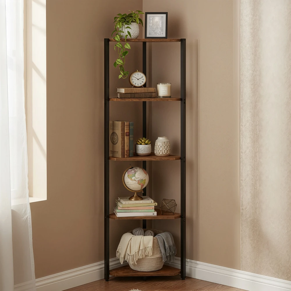 Songmics Kampinė knygų lentyna su 5 lentynomis ir reguliuojamu LED apšvietimu, ruda, 24,8 x 48 x 146,6 cm