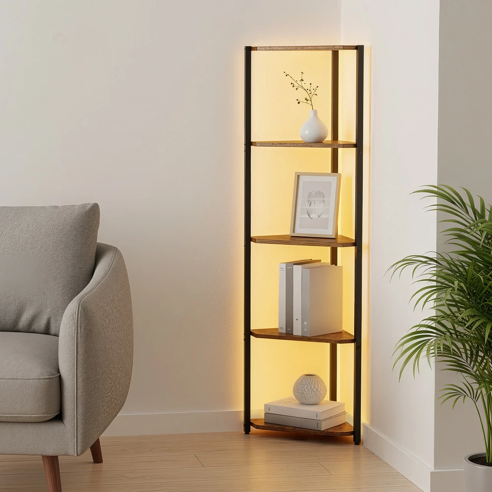 Songmics Kampinė knygų lentyna su 5 lentynomis ir reguliuojamu LED apšvietimu, ruda, 24,8 x 48 x 146,6 cm